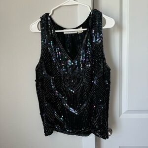 Vintage Ann Katrine Black Silk Beaded Top Size Large 1920s Flapper Tank Costume